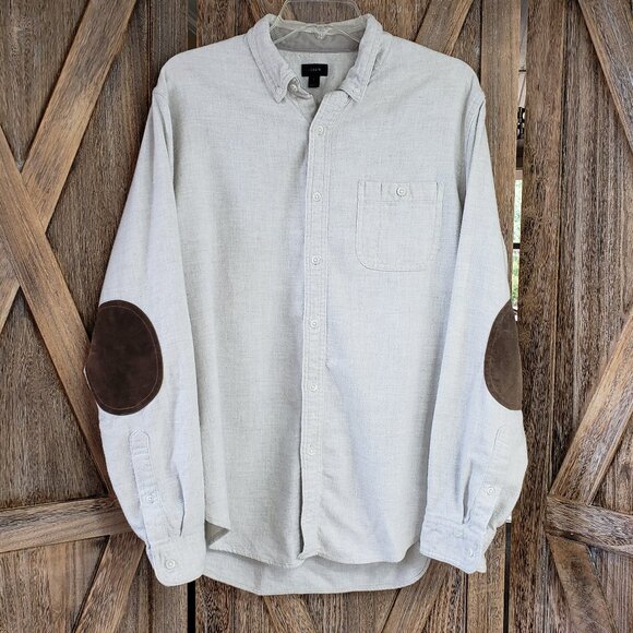 J. Crew Button Up Men's L Oatmeal Flannel Suede Elbow Patch Wool Blend Grandpa - Picture 1 of 10